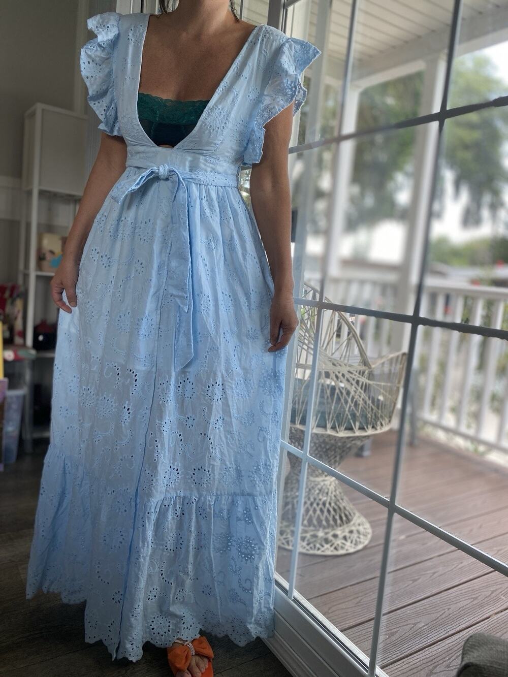 MALIBU BUM Sexy Light Blue Embroidered Eyelet Maxi Dress Cotton S